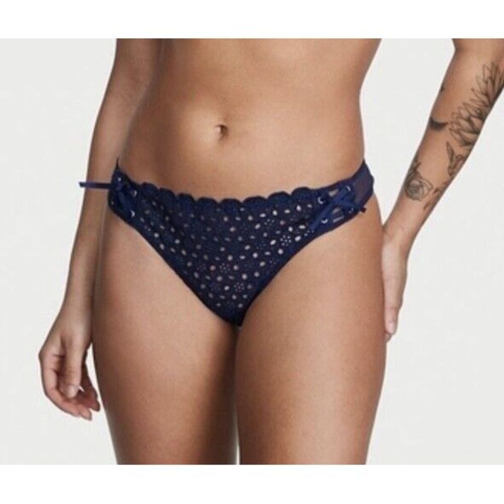 NWT Victoria's Secret Dream Angels Eyelet‎ Lace-up Thong Panty Sz XL - Navy Blue